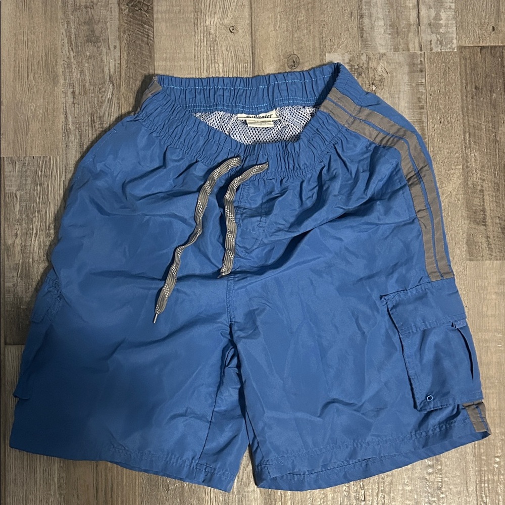 Men's Blue Swim Trunks with Cargo Pocket and Drawstring Waist